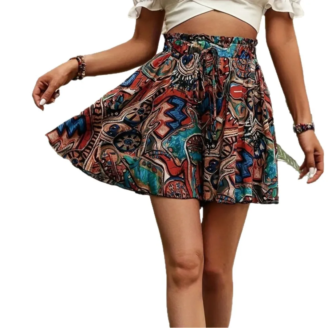 Women's Casual Elastic Waist Ultra Lightweight Digital Print Ruffle Trim Beach Vacation Summer Shorts Flared A Line Printed