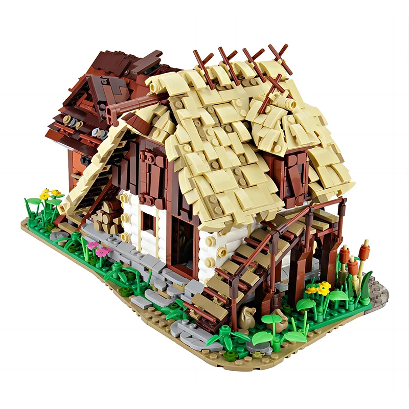 BuildMOC Retro Medieval Architecture Shop Water Mill Building Blocks Set Water well House Hut Bricks Model Toys Children Gifts