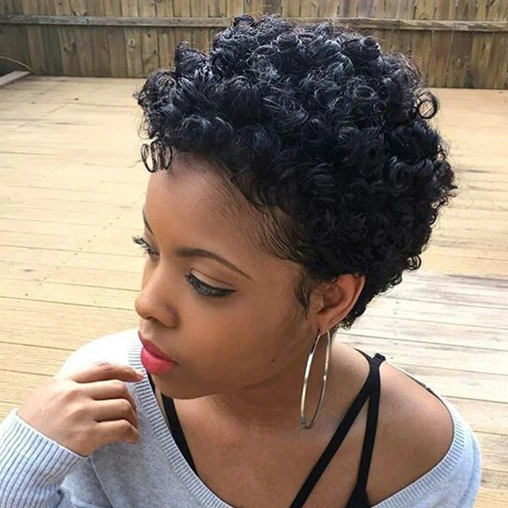 باروكات أفريقية سوداء طبيعية قصيرة شعر بشري للنساء ذوات البشرة السمراء شعر مستعار أفرو غريب مجعد مصنوع آليًا شعر مستعار بقص عابث