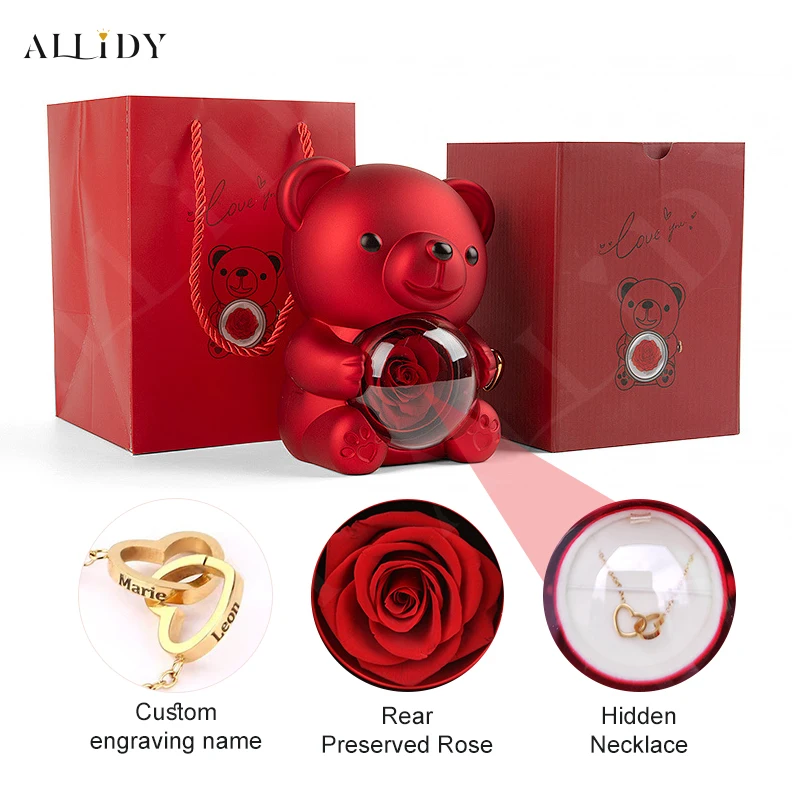 

Real Eternal Red Rose Teddy Bear with Custom Name Necklace Jewelry Set Gift Box Christmas Valentine's Day Birthday Weddings Gift