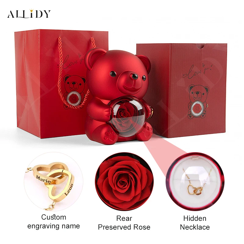 

Allidy - Real Eternal Red Rose Teddy Bear Custom Name Necklace Jewelry Set Gift Box Christmas Valentine's Birthday Wedding Gift