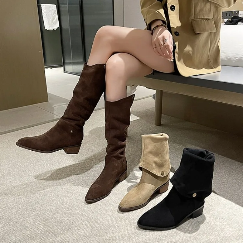

Winter Street Style Pointed Toe Knee-High Boots Women Low Heels Shoes Female Long Booties Zapatos De Mujer Plus Size 41 42 New