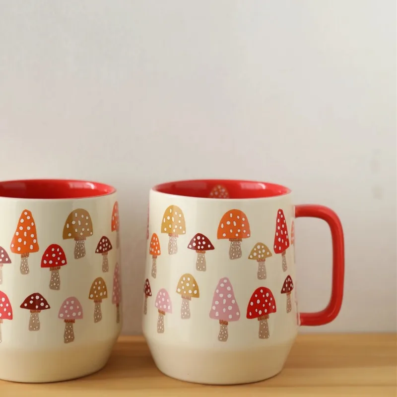 European Style Ceramic Mushroom Water Cup Exquisite Red Coffee Mug English Afternoon Camellia Flower Tea Cup Home Breakfast Mug