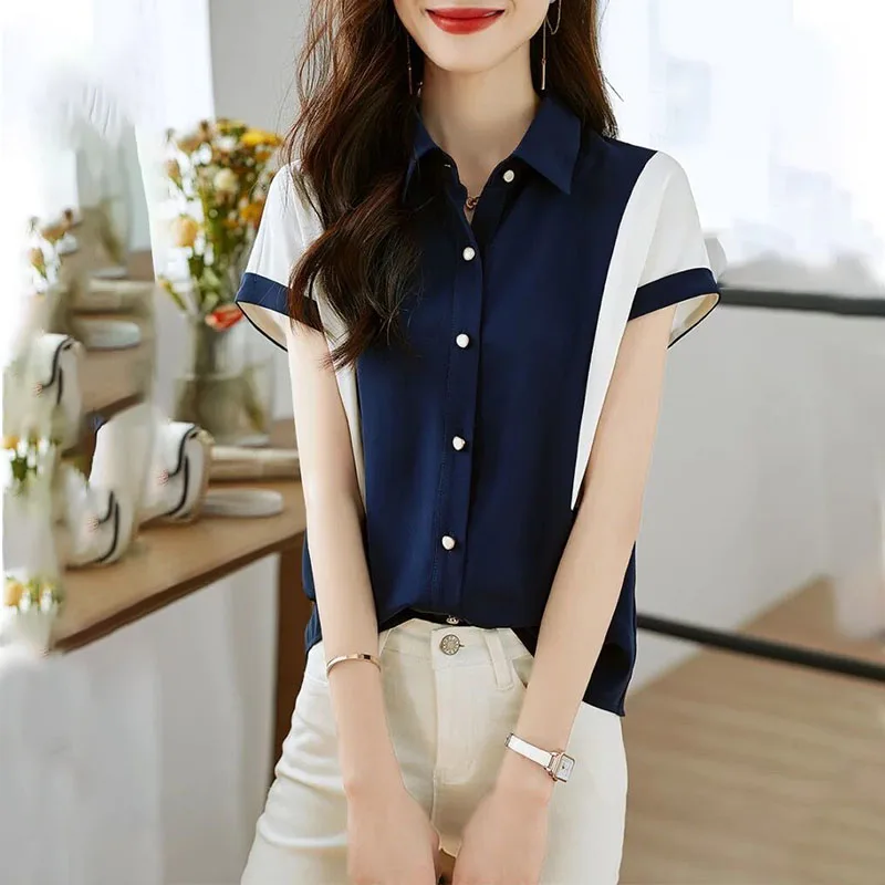 Elegant Women\'s Button Shirt Summer New Fashion Korean Contrasting Colors Spliced Polo-Neck Blouse Short Sleeve Female Clothing