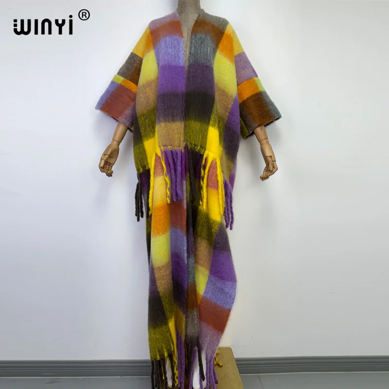 

2023 WINYI Africa Winter Women tassel long Cardigan coat over top poncho dress robe longue Thick Warm Plaid printing Kaftan