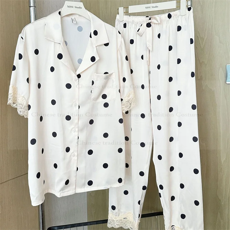 Luksusowy zestaw piżam w kropki, 3-częściowy, seksowna bielizna nocna z koronkowym wykończeniem, damska odzież domowa z krótkim rękawem z rayonu.