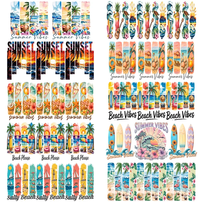 Summer Vibes Themed UV DTF Cup Wraps Sticker For 16oz Libbey DIY Gift Decals Glass Sunset Beach Pattern 3D Transfer Sticker