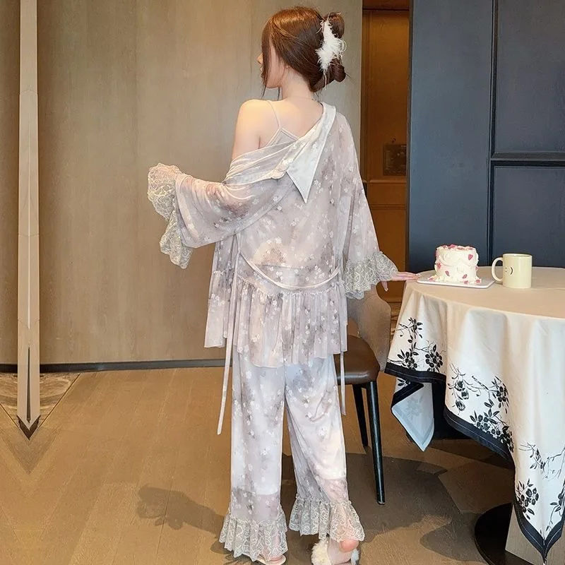 Three-piece Pajamas with Chest Pads Suspenders Long-sleeved Jackets Women's Spring and Autumn Mesh Yarn Heavy Industry Lace