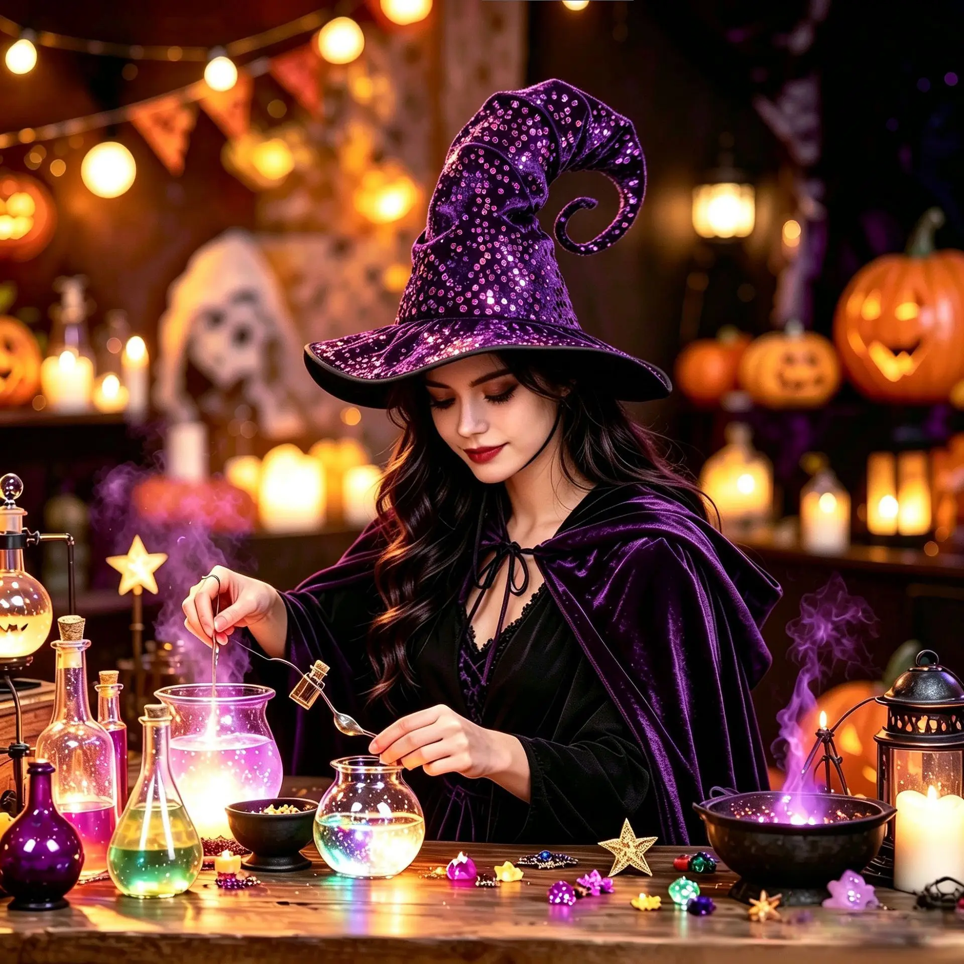 2027 Curved Long Tail Sequin Witch Hat Halloween Wizard Hat Cosplay Masquerade Fancy Dress Party Prop