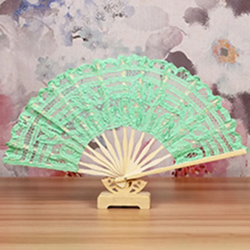 Art Craft Bamboo Handle Vintage Lace Hand Fan European Style Hand Held Embroidered Folding Fan with Tassel Dance Fan Ladies