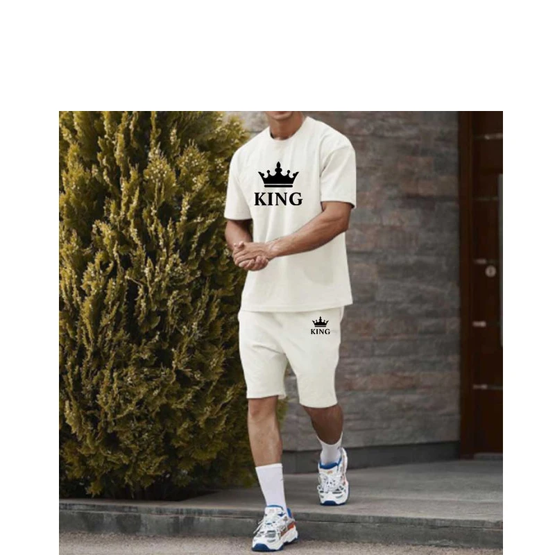 The King Summer Men\'s New Solid Tracksuit Short Sleeve Set Fashion Sports O Neck T-shirt Leisure Harajuku Simple 2-Piece Set 6XL