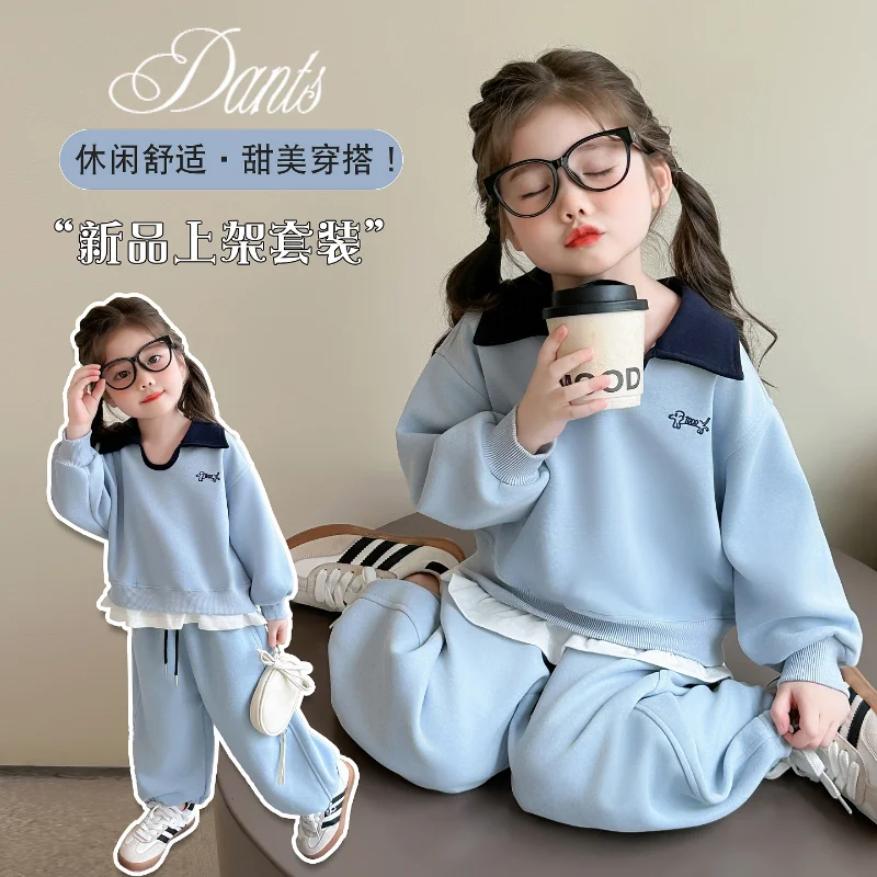 

Kawaii модная футболка для девочек, комплект со штанами, студенческий весенне-осенний повседневный пуловер, топы, длинные штаны, комплект из 2 предметов, детская одежда