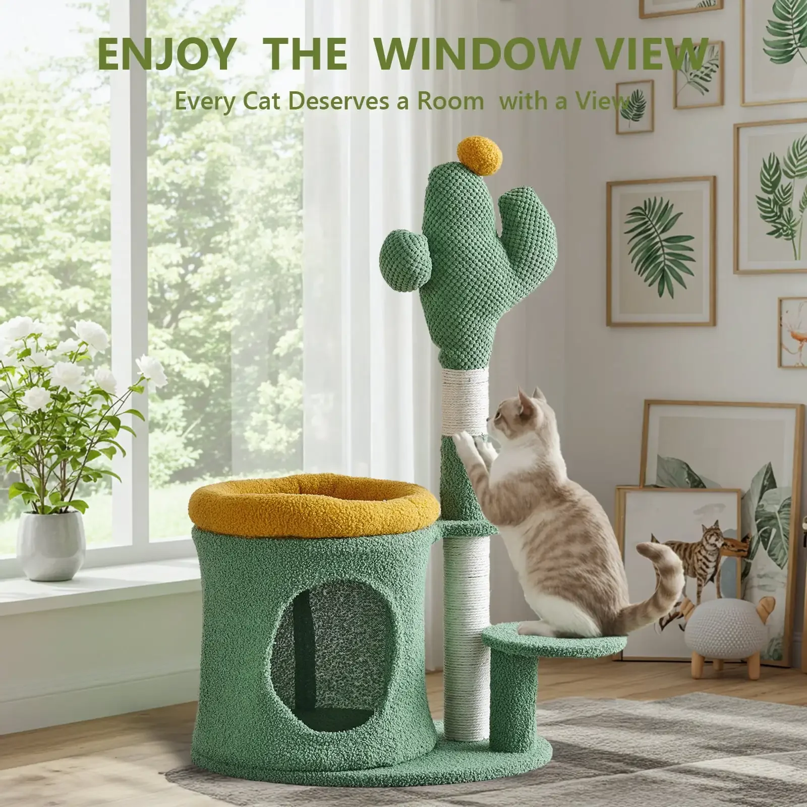 32" Cat Tree,Cat Tower with Cactus Cat Scratching Post,Cozy Cat House for Indoor Cats,Green