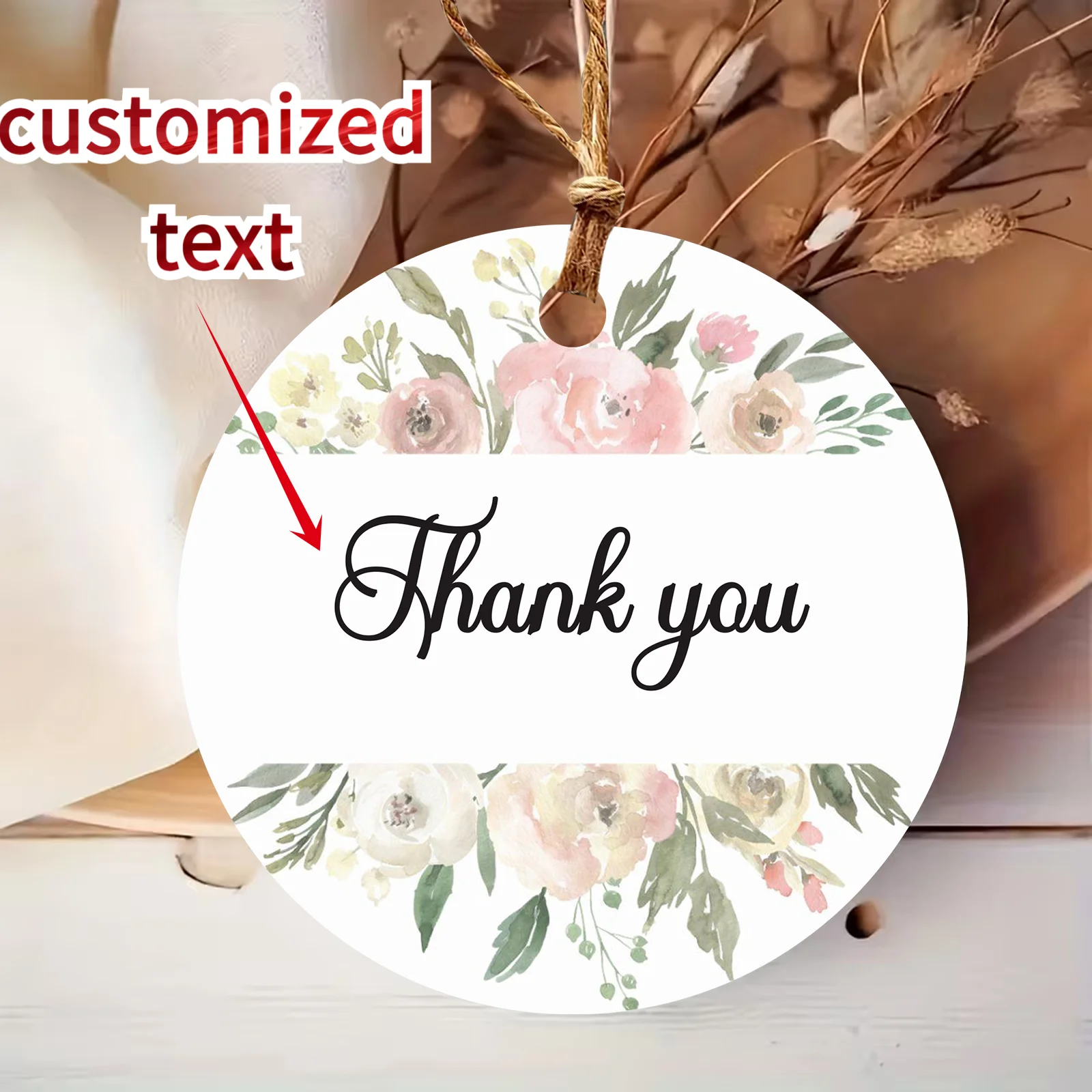 

Custom Text Round Gift Tags 4.5cm, Thank You Hang Cards with Strings, Punch Hole Thank You Labels for Wedding Party Present Pack