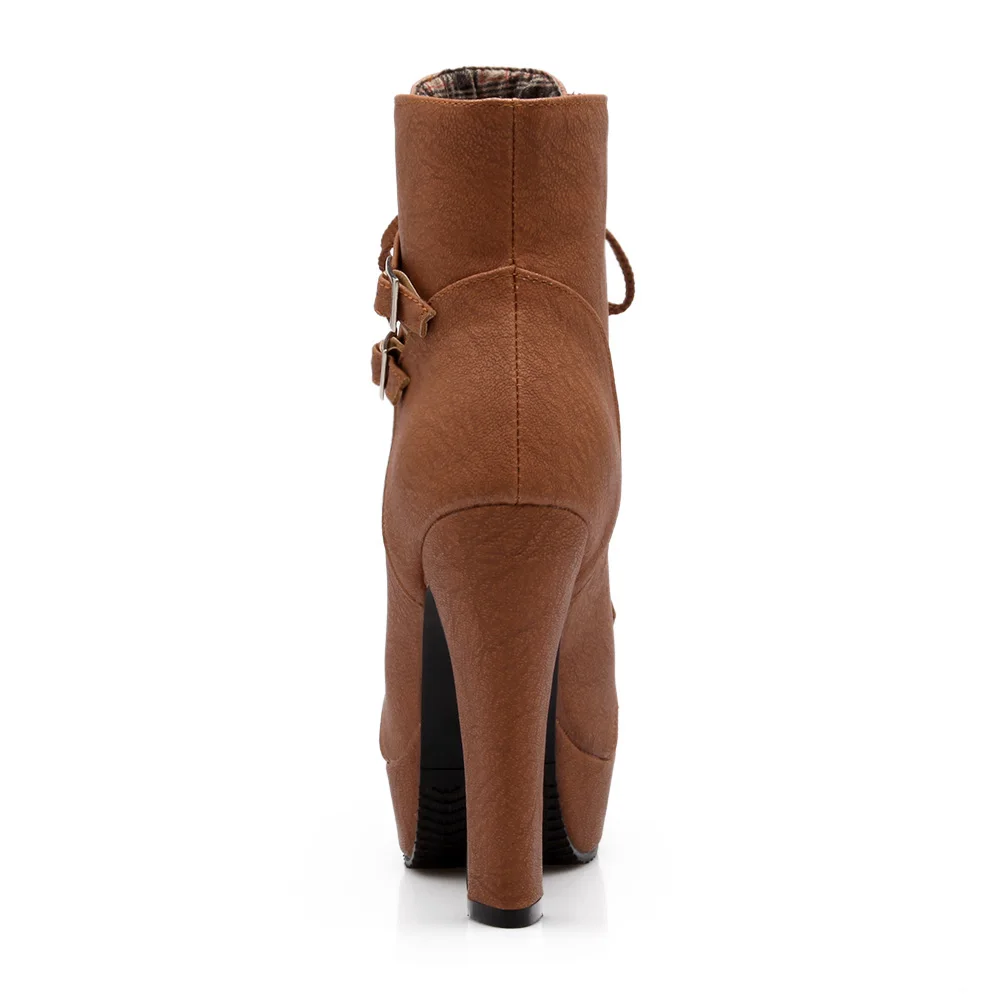 Fashion Brown Women’s Ankle Boots Platform High Heels Motorcycle Boot Sexy Buckle Lace-up Ladies Party Shoes Large Size 45 48
