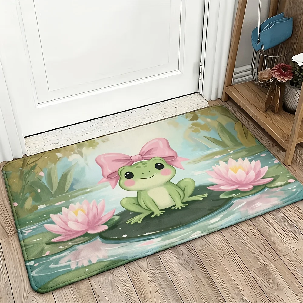 Cute Frog Floral Lotus Doormat Garden Welcome Mat Tropical Spring Nature Pet Lover Home Decor Entrance Floor Rug Design