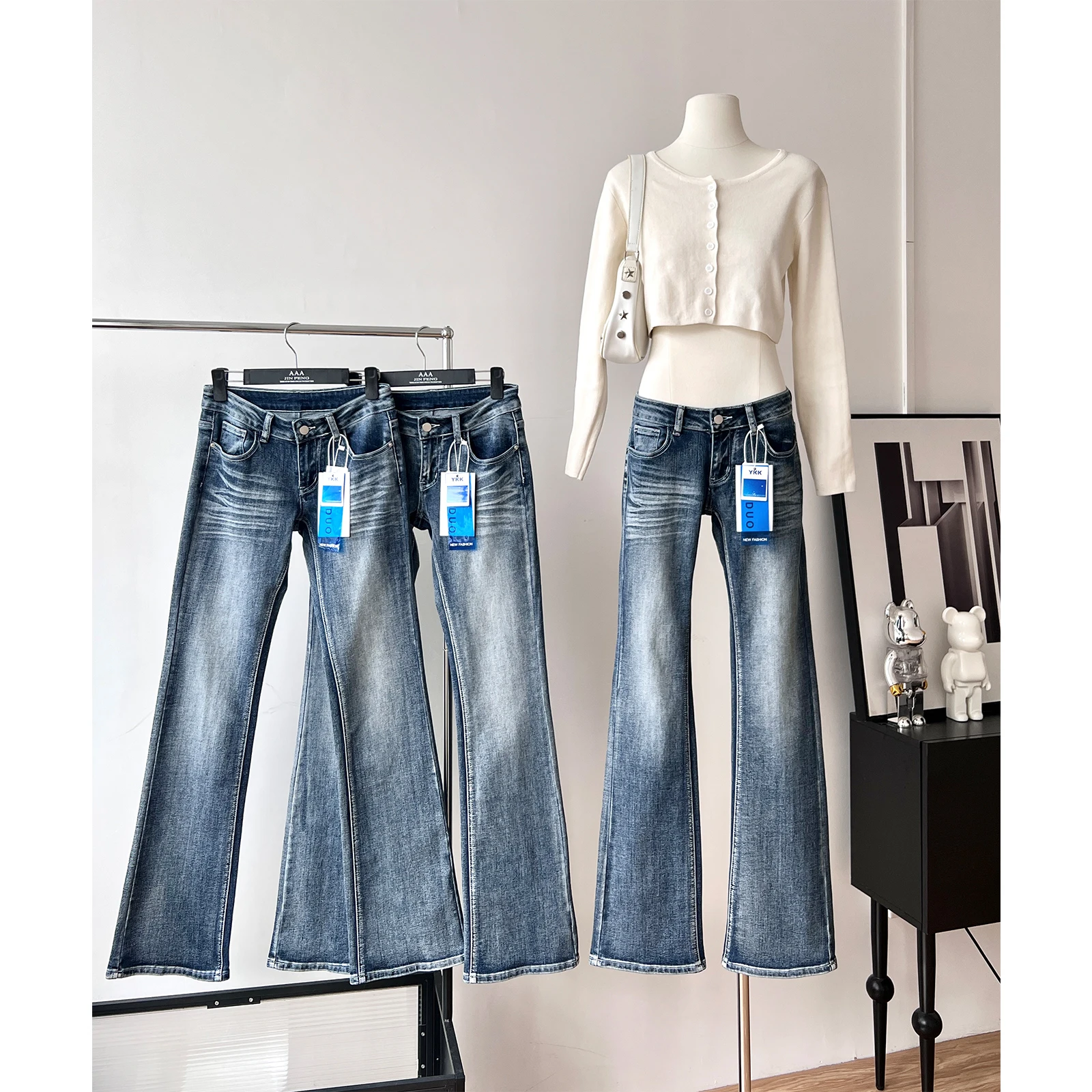 Women's Chic Streetwear Low Waist Straight Full Length Jeans Lady Strecthable Slim Full Length Jeans