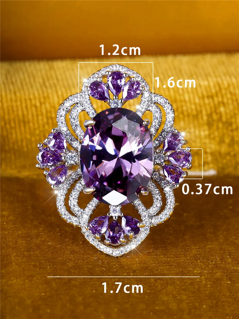 Cute Female Big Purple Adjustable Open Ring Luxury Engagement Wedding Jewelry For Women