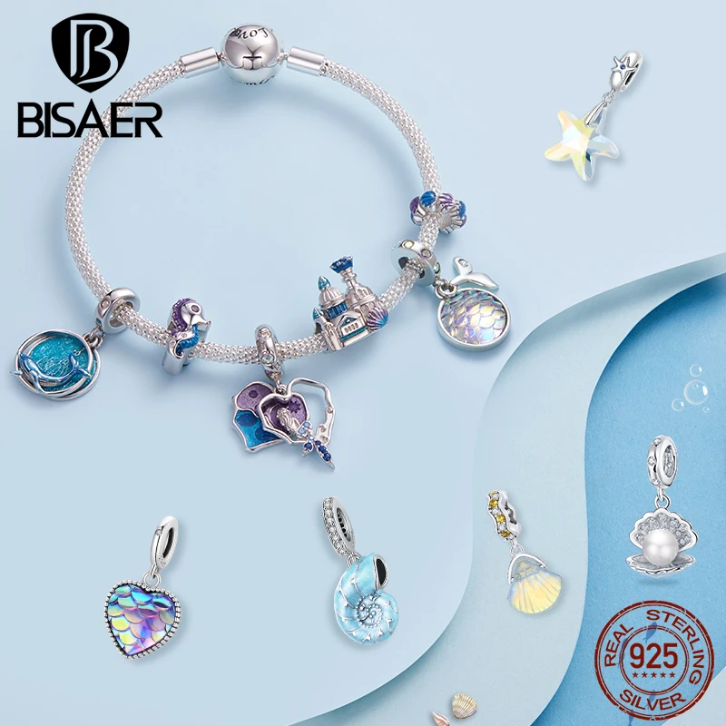 BISAER 925 Sterling Silver Charm Ocean Style Fish Dolphin Mermaid Shell Blue CZ Bead For Necklace&Bracelet DIY Fine Jewelry Gift