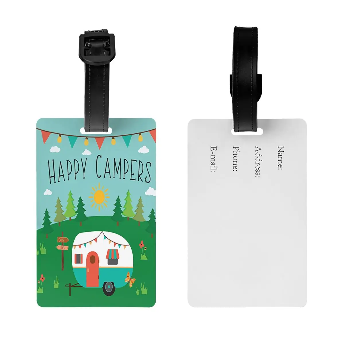 Adventure Camping Happy Campers Luggage Tag With Name Card Cartoon RV Van Life Privacy Cover ID Label for Travel Bag Suitcase