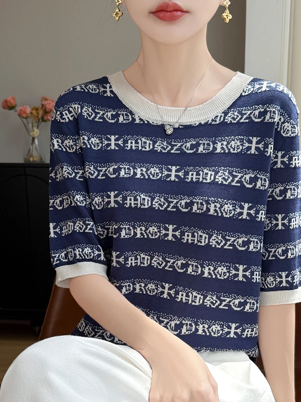 Elegant Silk Short Sleeve T-Shirt Women's Summer Thin Striped round Neck Loose plus Size Ice Silk Top Comfortable Breathable