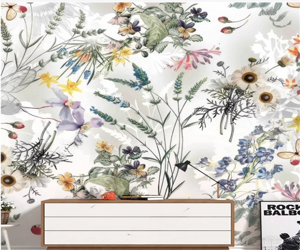 

Фотообои на заказ: винтажный акварельный рисунок с цветами, настенное панно для декора дома, обои с цветами, бабочками и одуванчиками в деревенском стиле