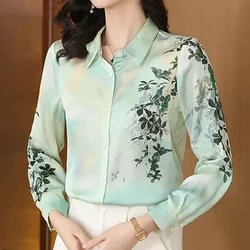 S-4XL Women Lace Up Print Elegant Shirts Spring Fall Office Lady Blouses Casual Long Sleeve Tops Blusa Mujer Moda 2024