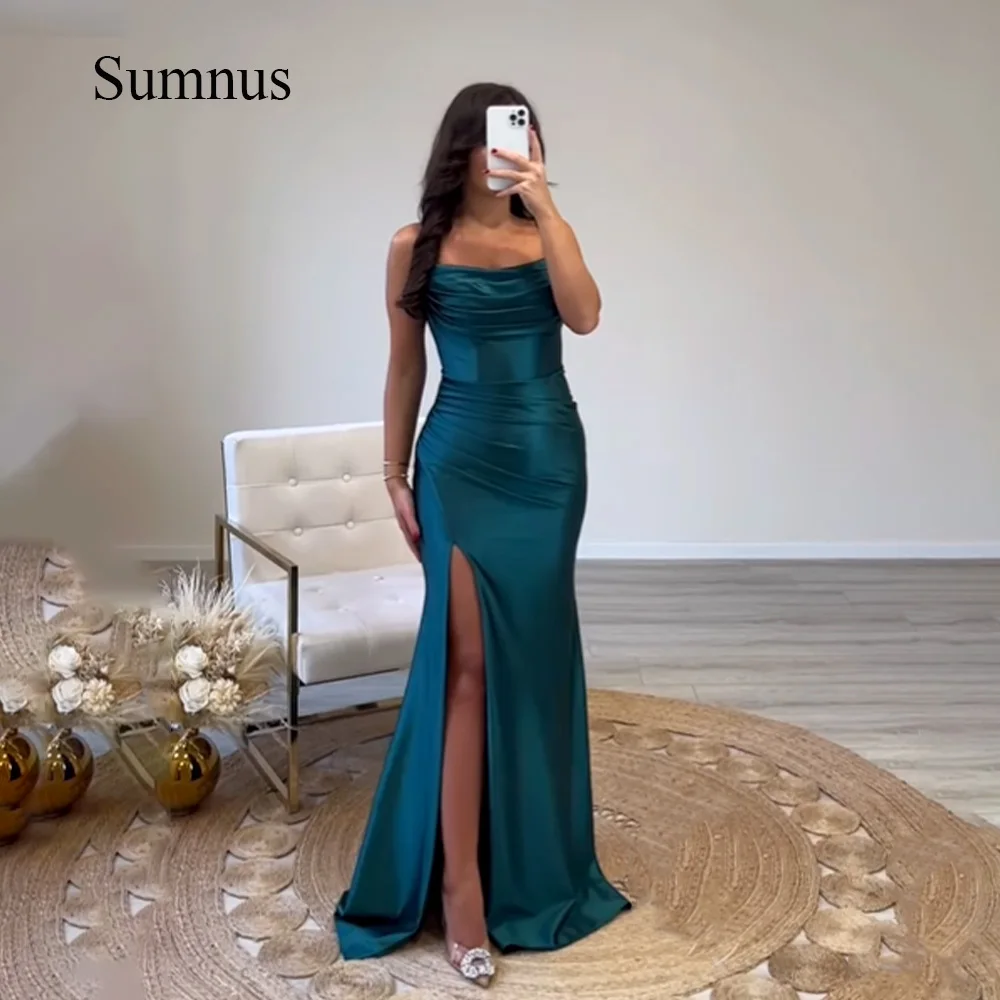 

Sumnus Sexy Side Split Mermaid Evening Dresses Scoop Pleats Satin Saudi Arabic Wedding Party Dress Long Dubai Event Prom Gowns