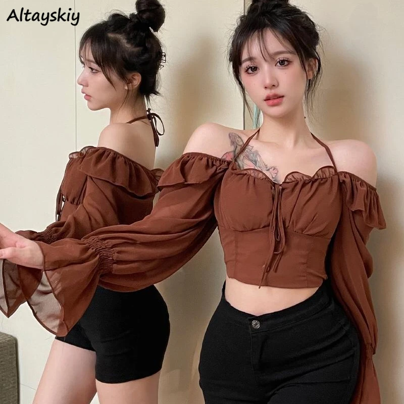 Long Flare Sleeve Blouse Women Bow Minimalist All-match Comfortable Aesthetic Temperament 2024 Design Schoolgirl Trendy Literary