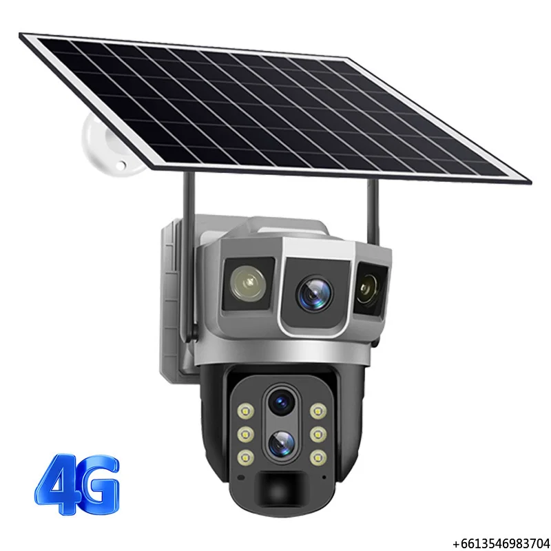 PTZ Camera 3 Lens Solar Surveillance Camera Wireless WiFi Two Way Audio Auto Tracking 4G Sim Card CCTV Camera with Cloud Storage