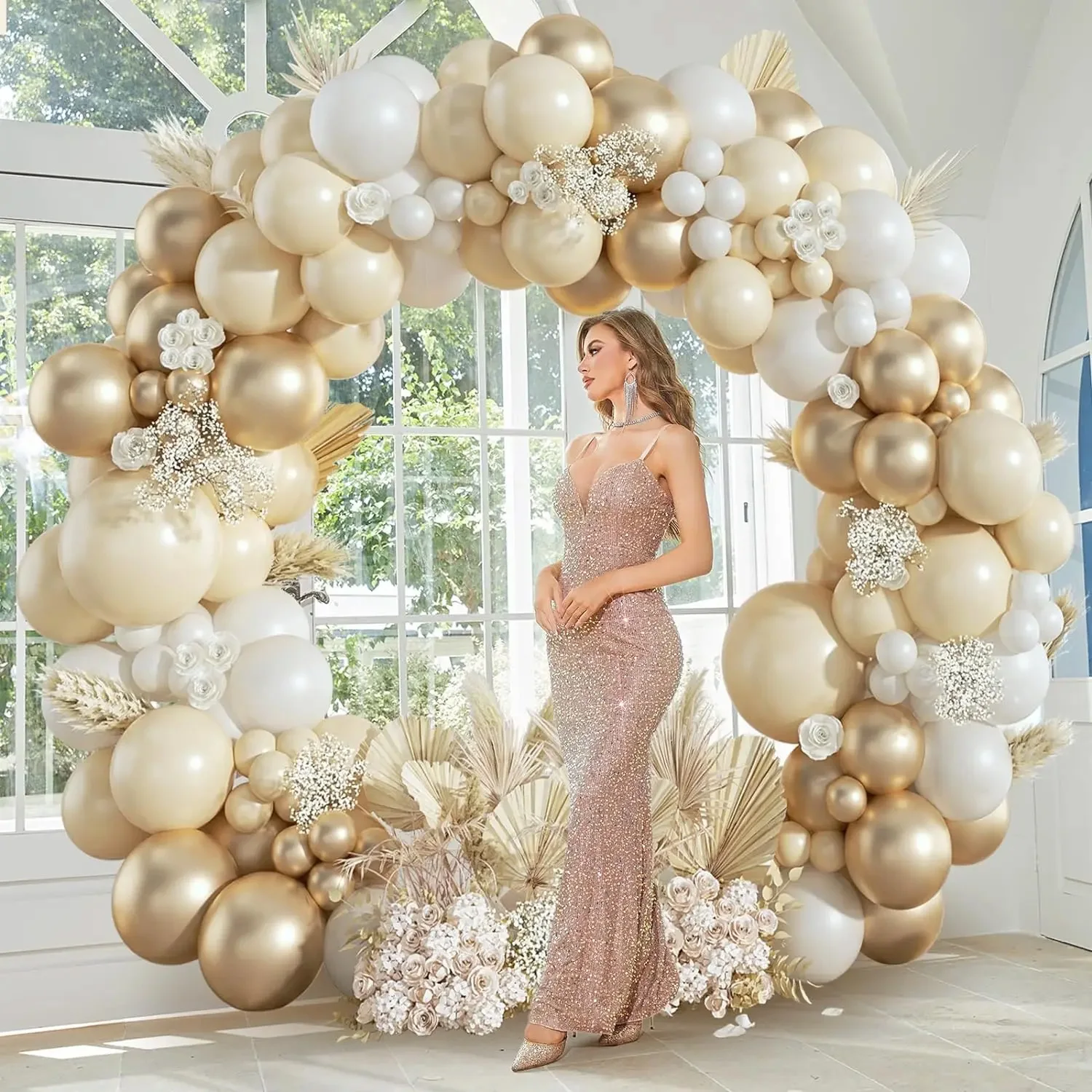 170/112Pcs Sand White and Gold Balloon Garland Arch Kit Baby Shower Bridal Wedding Engagement Anniversary Birthday Decorations