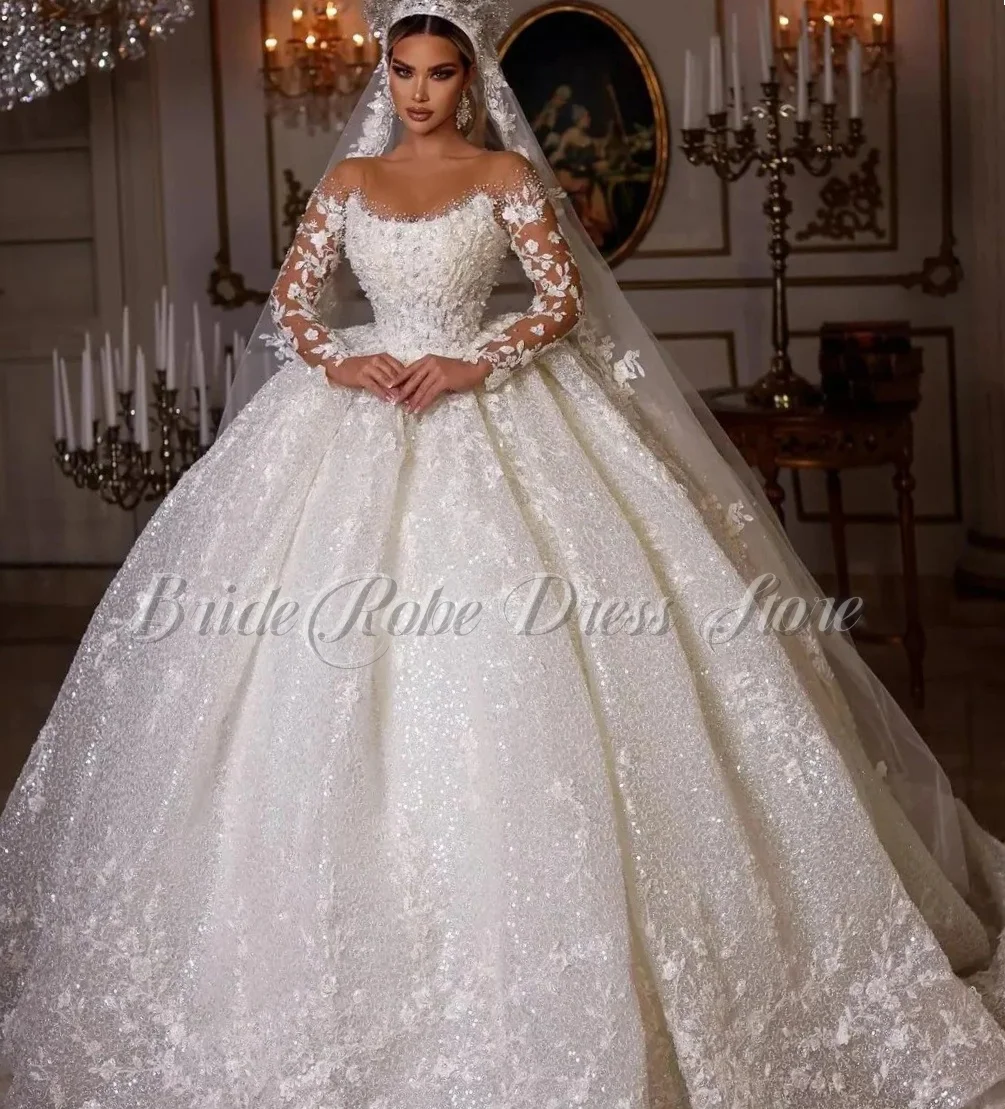 

2025 Custom Modest V Neck Sheer Back A-line Satin Wedding Dress Lace Appliqued Long Sleeve For Women Princess Robe de Mariee