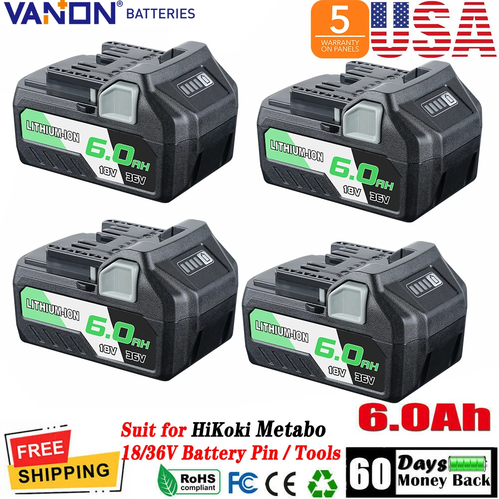 

VANON 1/2/4 шт. BSL36B18 6,0 Ач литий-ионная замена для аккумулятора Metabo 18 В/36 В, совместимая с аккумуляторным инструментом BSL36A18 371751M 372121M