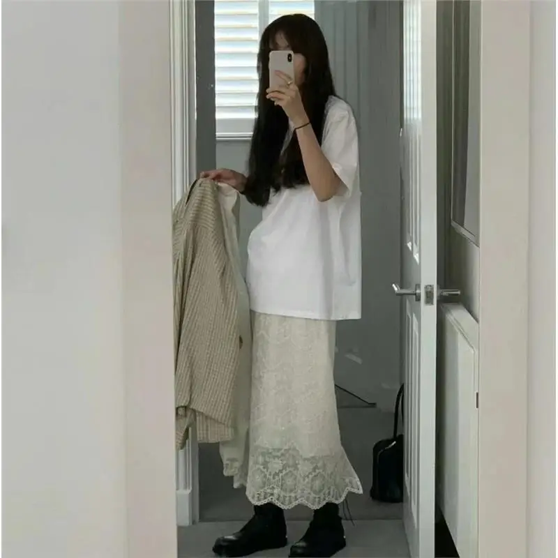 

Slimming High Waist Pure Color Lace Embroidery f-length Skirt Korean Sle A-line Long Skirt for Autumn Season