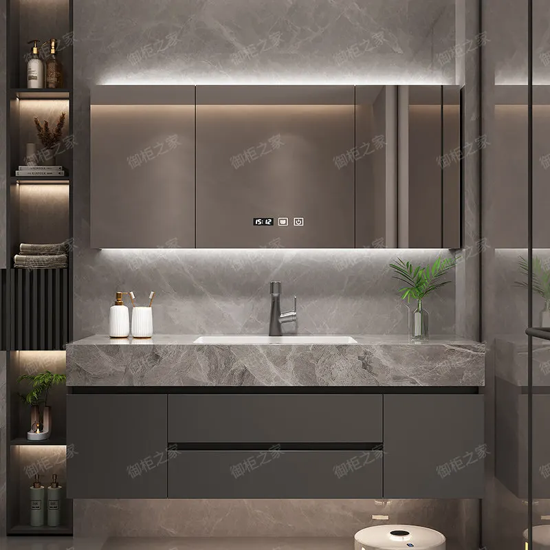 Seamless sintered stone vanity unit with basin