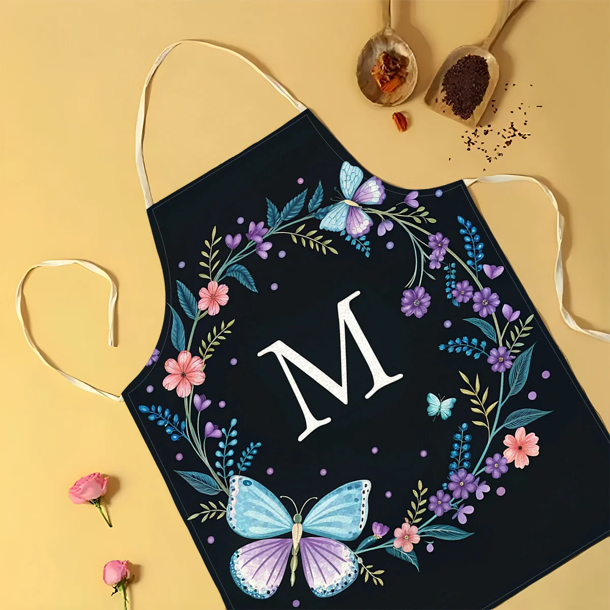 Butterfly Floral Monogram M Apron Linen Cooking Kitchen Baking Bib For Women Chef Waitress Housework Cleaning