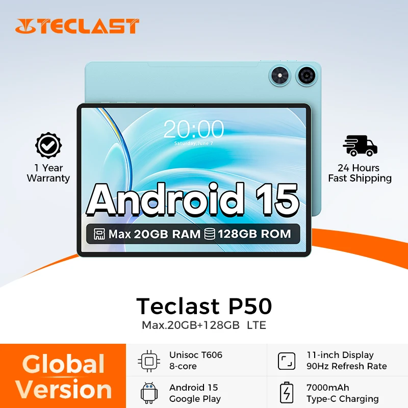 Tablet Teclast P50 de 11 Pulgadas, 90Hz, Máx. 20GB de RAM, 128GB de ROM, Unisoc T606 Octa Core, Batería de 7000mAh, Android 15, LTE (4G)
