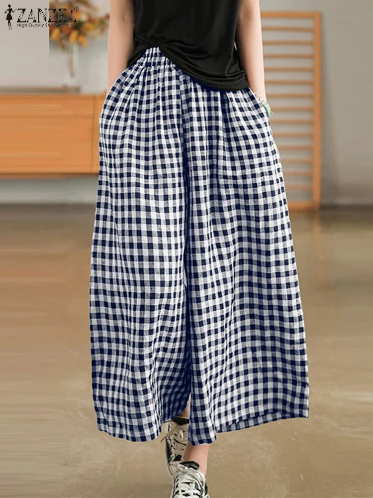 กางเกงวินเทจผู้หญิง 2025 ZANZEA กางเกงลายสก็อตฤดูใบไม้ร่วง ทรงหลวม ขากว้าง สไตล์ลำลอง เอวยางยืด ทรงปาลาซโซ่ เหมาะสำหรับทำงาน