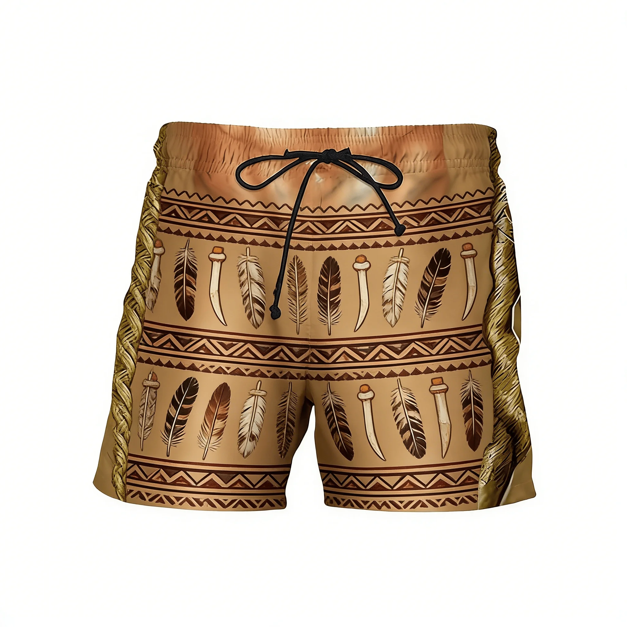 Men's Earthy Retro Print Drawstring Shorts, Spring Summer Western Tribal Casual Shorts, Loose Beach Shorts