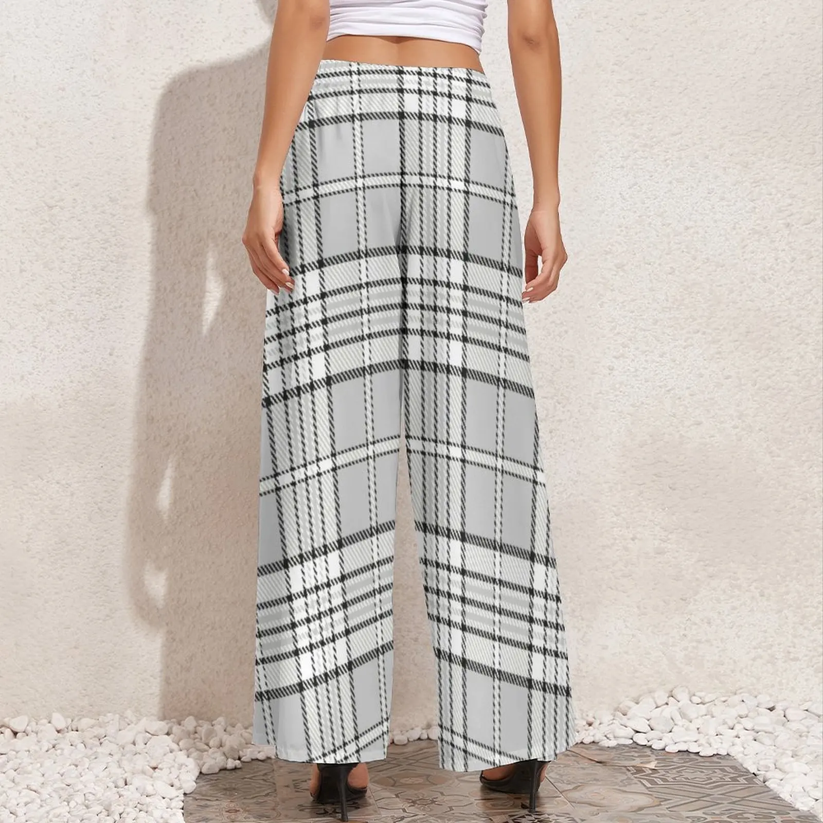 Trendy Gray Plaid Straight Pants Vintage Lines Sexy Wide Pants Women Big Size Streetwear Pattern Trousers