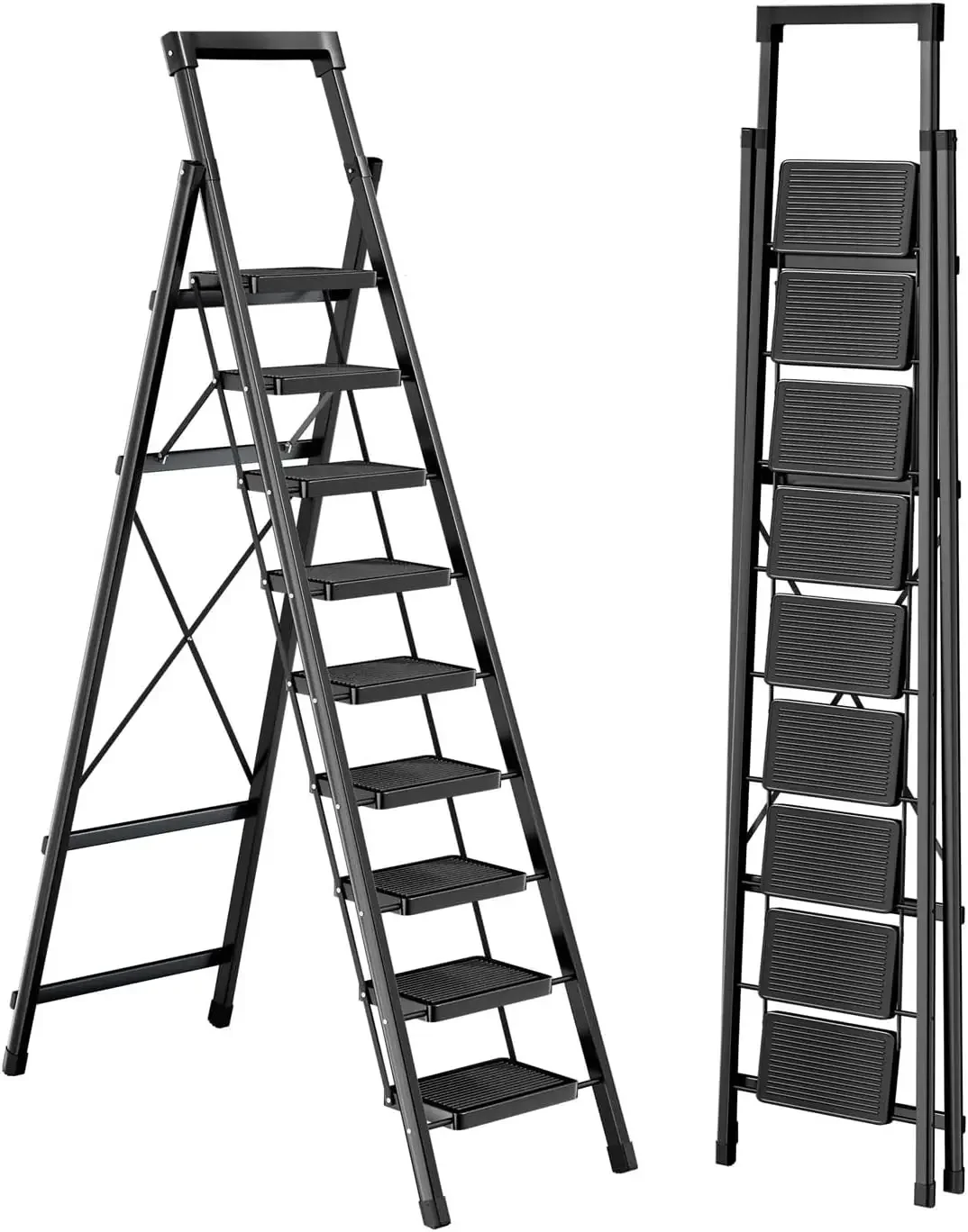 9 Step Ladder with Tray,330lbs Capacity Portable Step Stool for Adults,Heavy Duty Step Ladder Wide Anti-Slip Stury Steel Folding