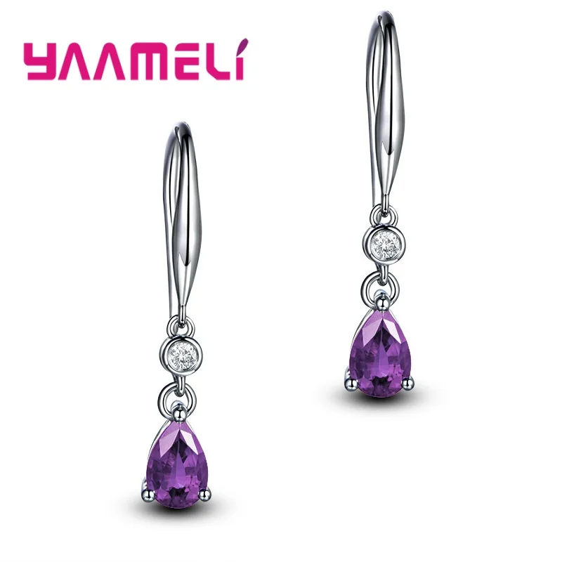 Genuine 925 Sterling Silver Geometric Crystal Zircon Drop Earrings for Women Girls Wedding Party Fashion Jewelry Gifts Accessory