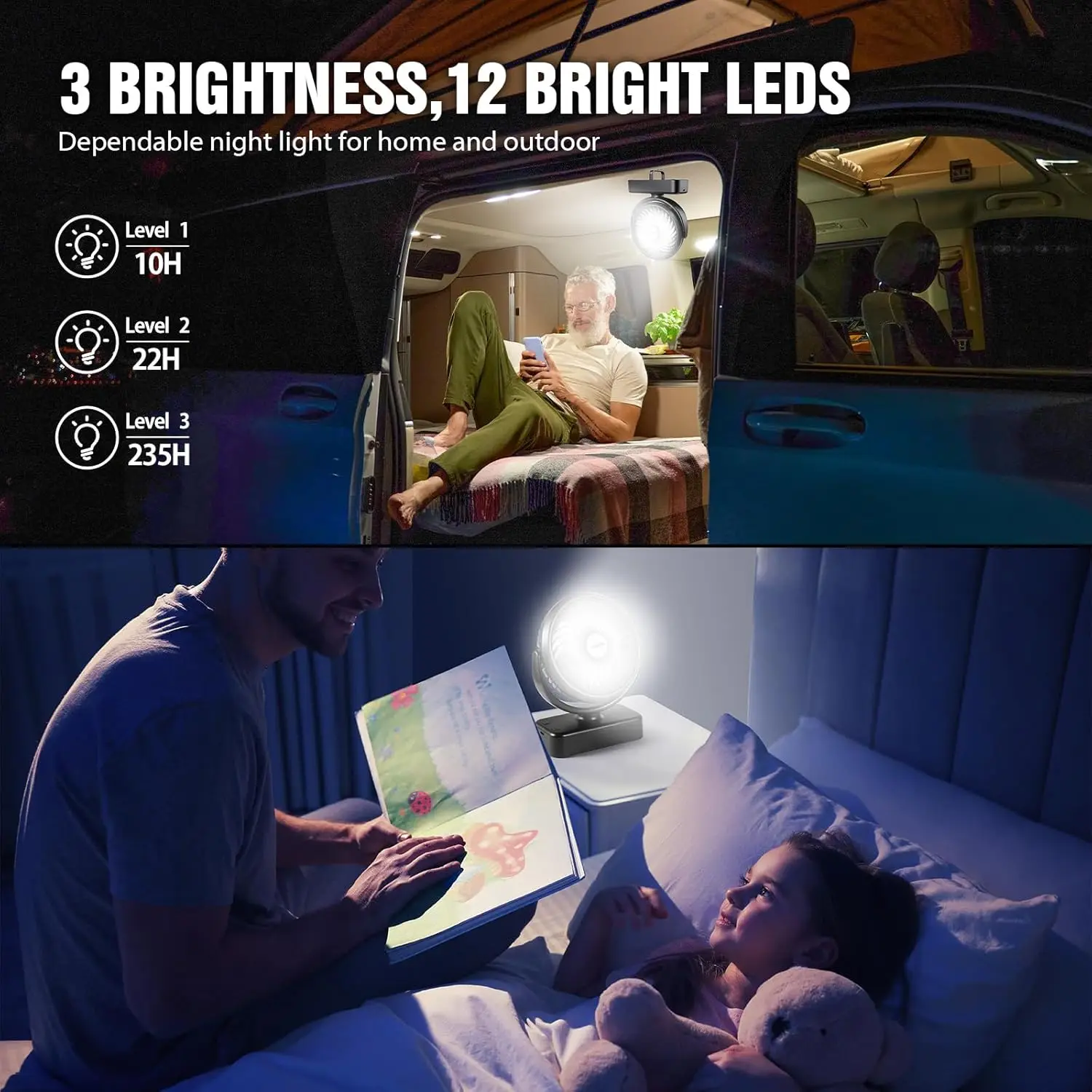 Rechargeable Camping Fan with LED Light - 40H Battery, Hanging Hook for Tent Car RV Emergency
