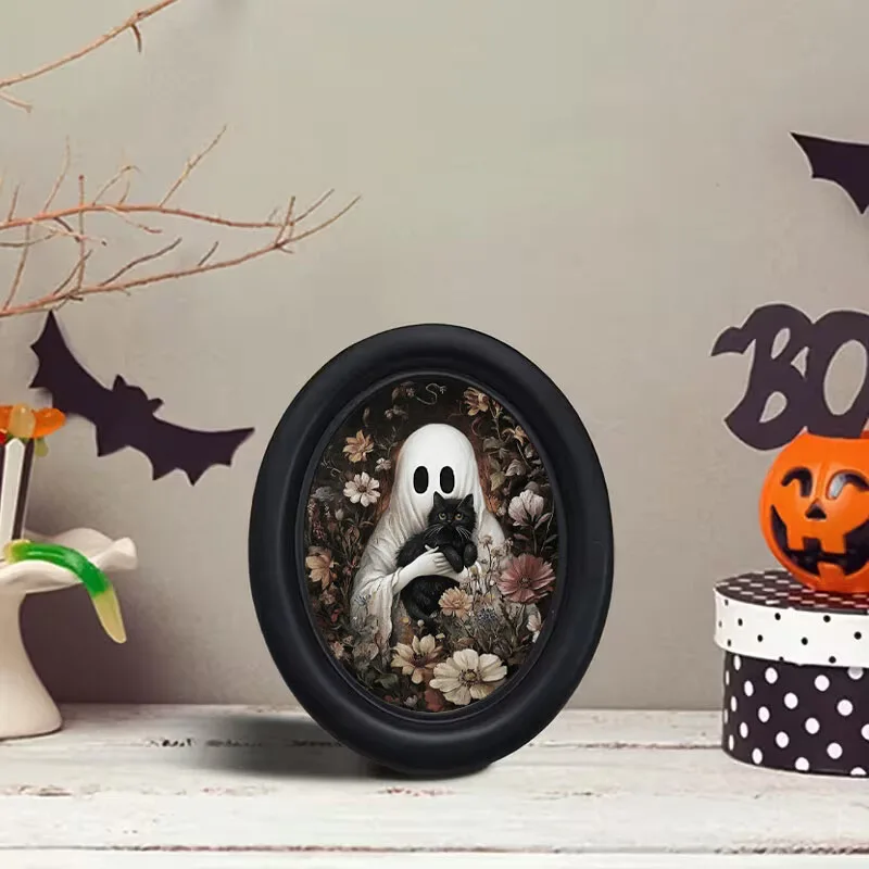 1 Piece of Victorian Vintage Floral Ghost Cat Wall Decoration, Wooden Oval Frame Decoration, Halloween Mood-Enhancing Decoration, Bedroom and Living Room Tabletop Ornament, Halloween Gift for Cat Lovers