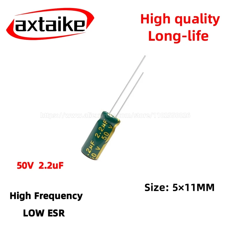 

50PCS 50V2.2uF Aluminum Capacitor, High Frequency Low ESR 105°C Radial for Power Supply Long-life 5×11MM
