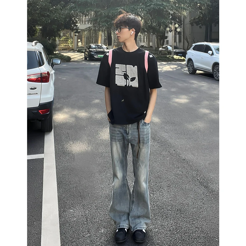 

Waed Blue Men's Jeans Summer High Street Vibe High Waist Straight Leg Bell Bot Trendy Straight Fit Jeans Polyester Fiber