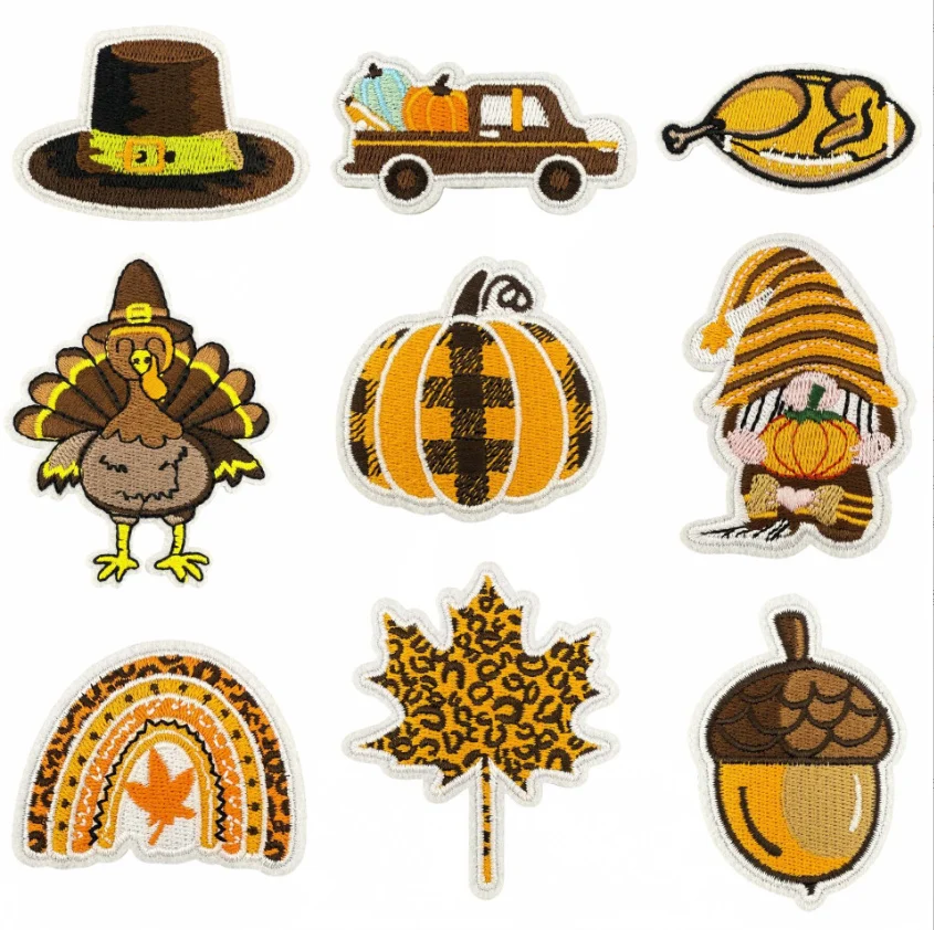 10 Pcs Thanks Giving Series Embroidered Patches Iron On Clothing Hat Bag Shoe Repair Material Phone Gift Box Decor DIY Accessory