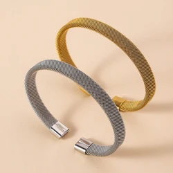 Women's Stainless Steel Elastic Woven Bangle Bracelet, Non Fading, Simple C-shaped Mesh Hand Accessory