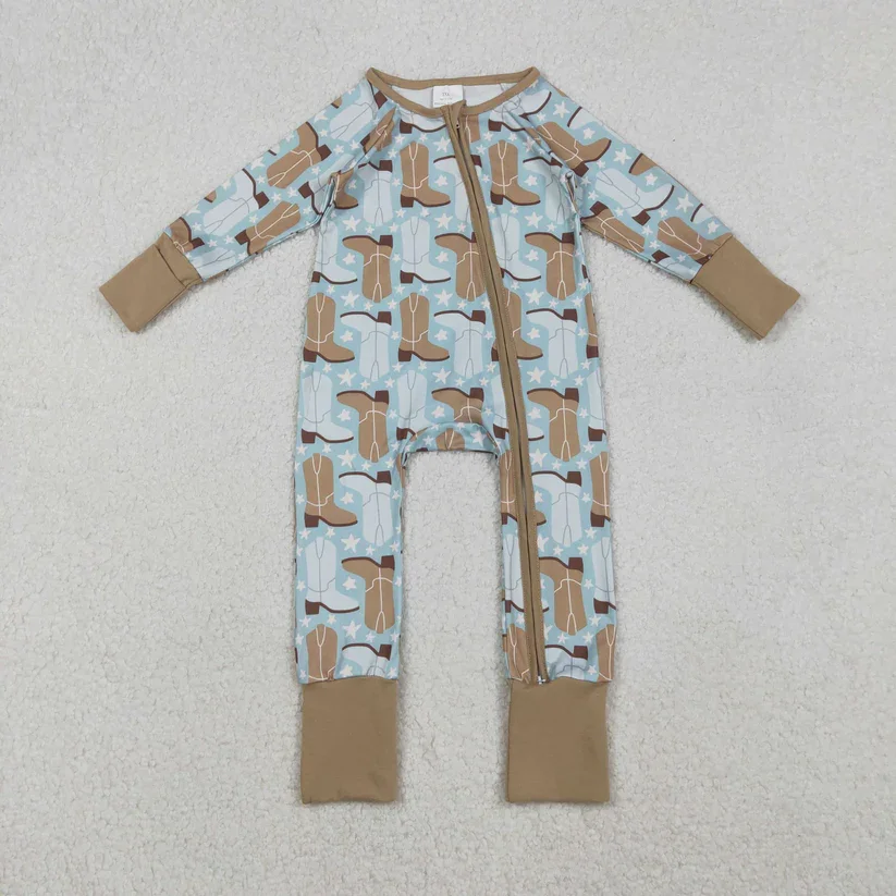 

RTS In Stock Boots Print Baby Boys Western Sleeper Zipper Romper