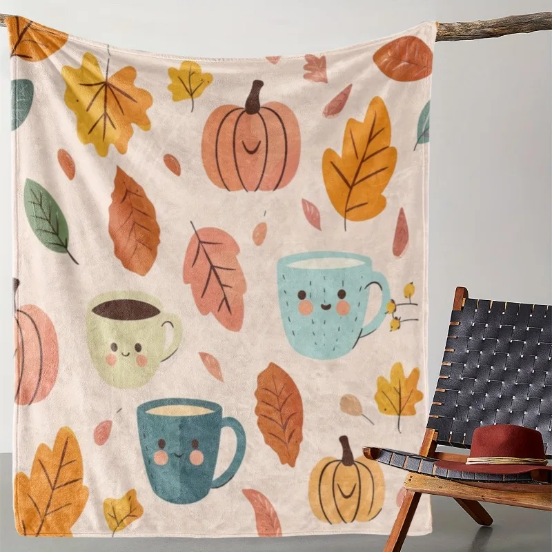 Flanell-Überwurfdecke im Vintage-Stil mit Herbstmotiv, Kürbis-Kaffeetasse und Blattdruck, weich, warm, gemütlich